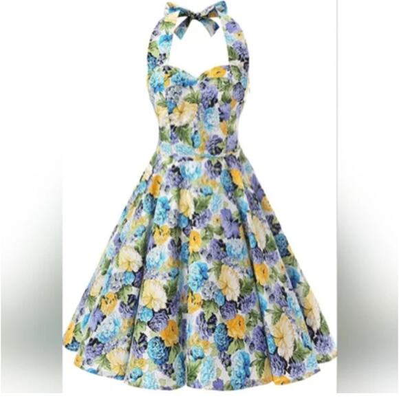 ensnovo Dresses & Skirts - Ensnovo 50s Pinup Style Pansy Floral Garden Party Halter Tie Dress MEDIUM